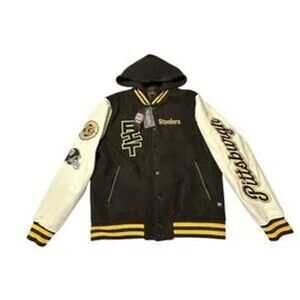 Womens Steelers Football Varsity Jacket Hooded Black White Gold NFL Size L NWT